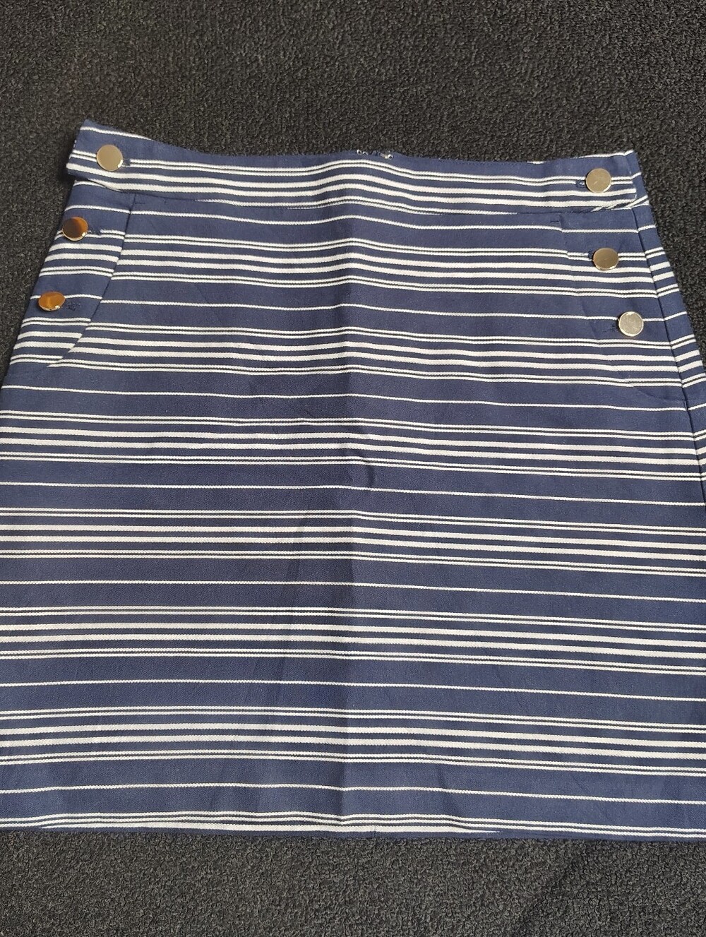 Loft Blue White Pencil Striped Skirt Gold Buttons Front Pockets Women's Size 8